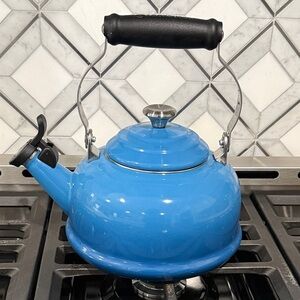 Le Creuset Blue Enamel Stovetop Whistling Kettle with Black Handle